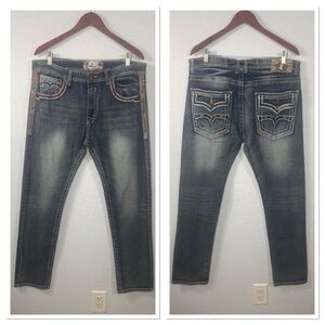 Monarchy Men’s Embroidery Trimmed Straight Jeans Sz 36 Cotton Blend
